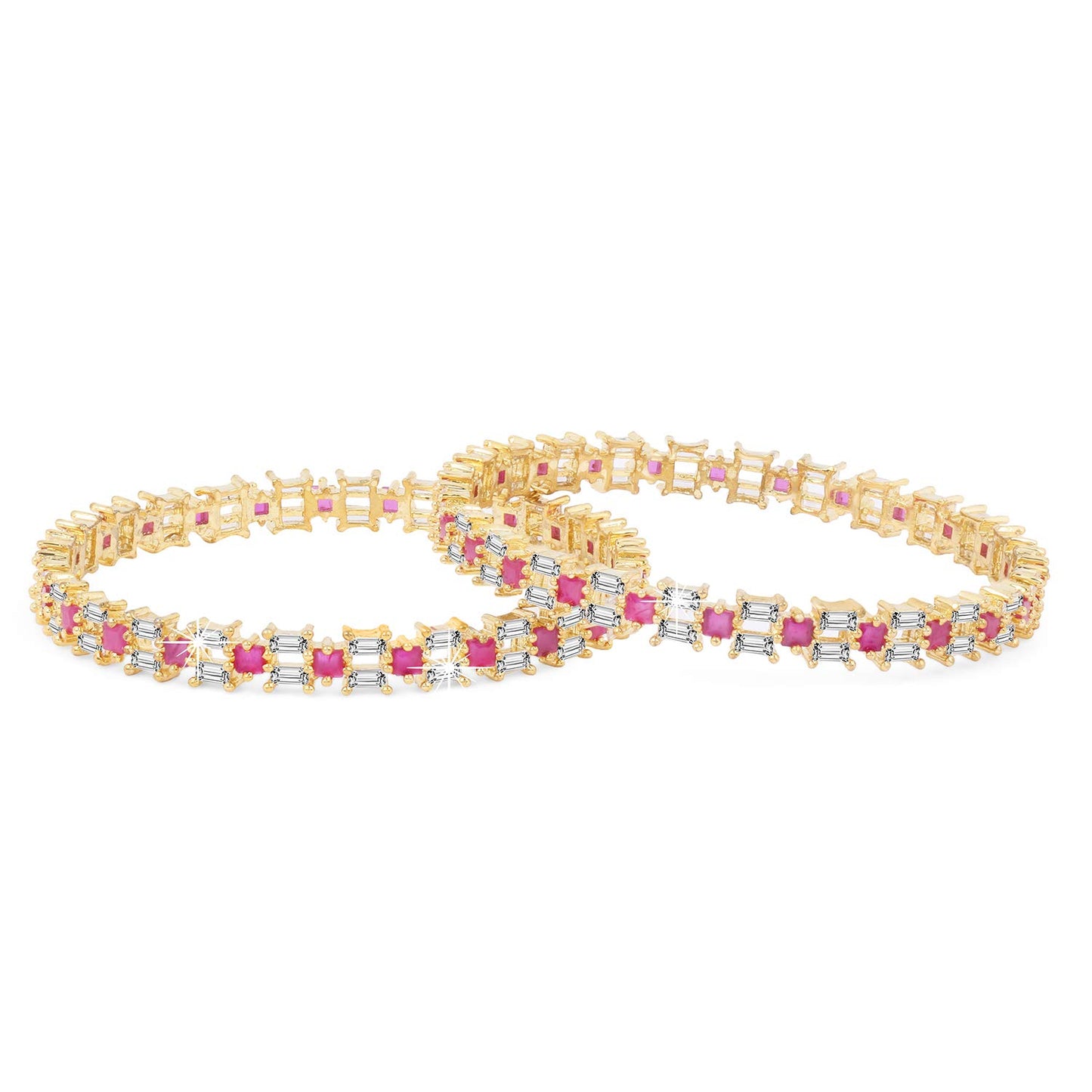 Yellow Chimes Elegant Set of 2 Pcs Pink AD/American Diamond Studded 18k Gold Plated Handcrafted Designer Bangles for Women & Girls (2.8)