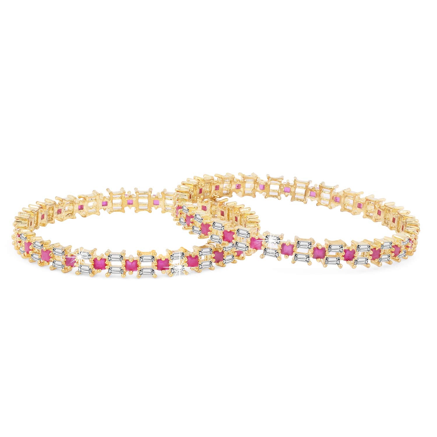 Yellow Chimes Elegant Set of 2 Pcs Pink AD/American Diamond Studded 18k Gold Plated Handcrafted Designer Bangles for Women & Girls (2.6)