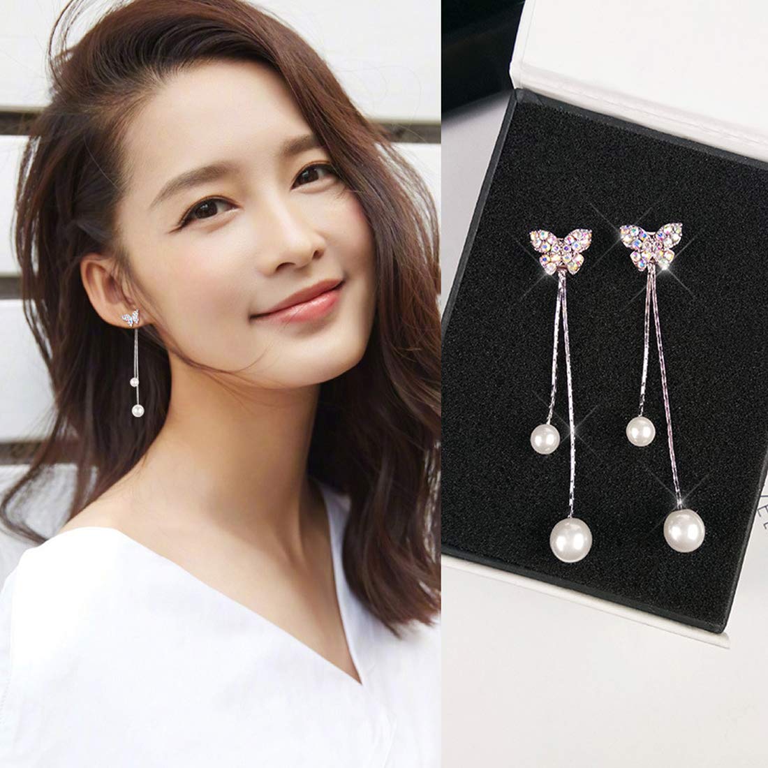 Kairangi Earrings for Women and Girls | White Stone Crystal Dangler | Silver Tone Earring | Butterfly Shaped Long Danglers Earrings Combo | Birthday Gift for girls & women Anniversary Gift for Wife