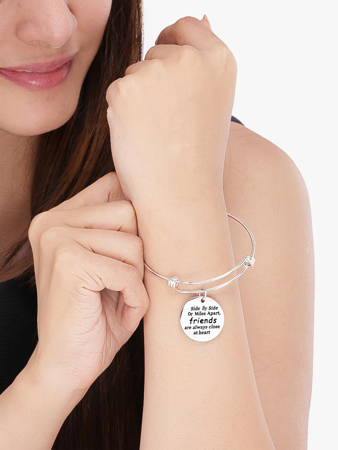 Kairangi Bracelet for Women Engraved Friend Love Steel Charm Silver Bracelet for Girls and Women