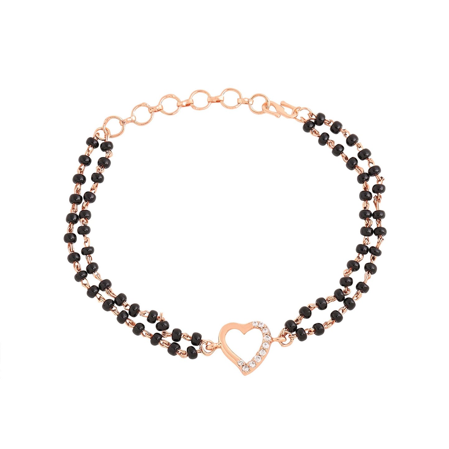 Yellow Chimes Mangalsutra Bracelet for Women Black Beads Heart Charm Rose Gold Plated Hand Mangalsutra Bracelets for Women | Marriage Anniversay Birthday Gift For Wife and Women