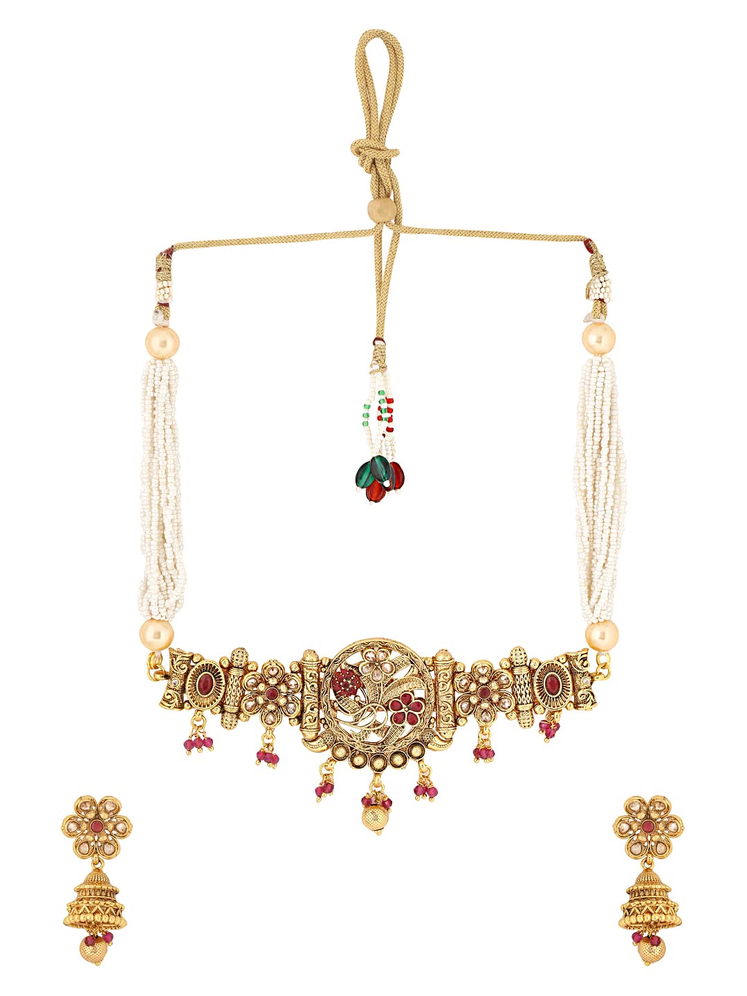 Yellow Chimes Jewellery Set for Women Gold Toned Red Pearl with White Beads Choker Necklace with Earrings for Women and Girls