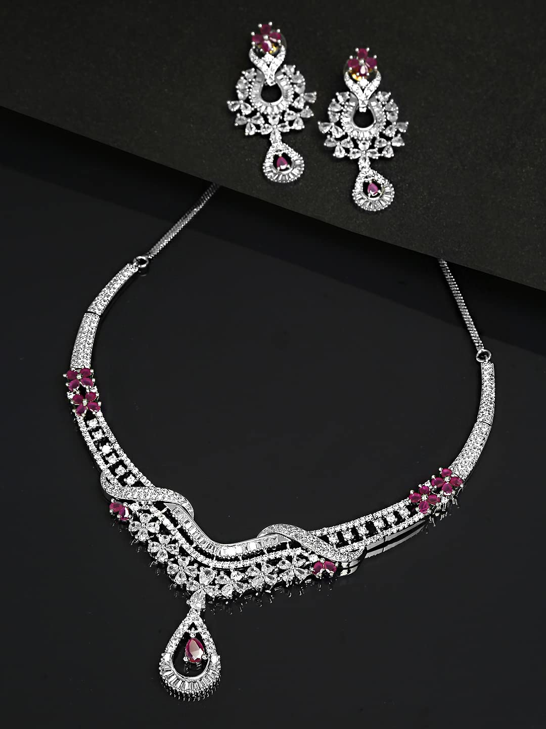 Yellow Chimes Jewellery Set for Women and Girls Traditional American Diamond Jewellery Set | Rhodium Plated Pink AD Necklace Set for Women | Birthday Gift for girls and women Anniversary Gift for Wife