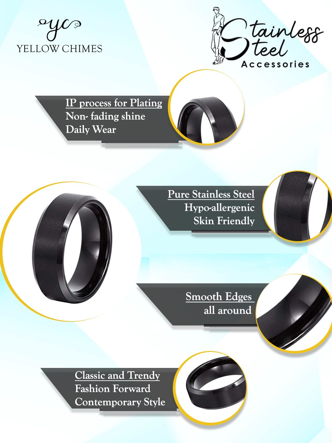 Yellow Chimes Rings for Women Black Ring 316L Stainless Steel Black Band Ring Women and Girls