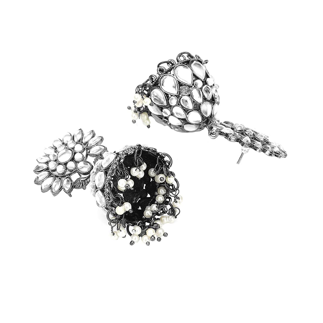 Yellow Chimes Black Gun Plated Studded Stones Flower Design Traditional Jhumka Earrings for Women And Girls, Medium (Model Number: YCTJER-87STLFJH-WH)