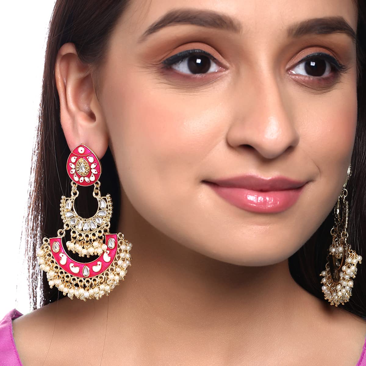 Kairangi Meenakari Chandbali Earrings for Women Ethnic Gold Plated Handpainted Traditional Pink Chandbali Earrings for Women and Girls.