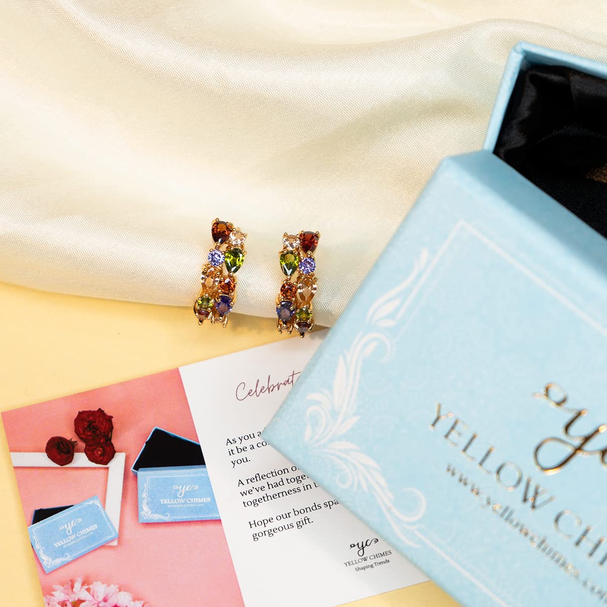 Yellow Chimes Sparkling Colors Flowerets Vine Swiss CZ Clip On Earrings for Women