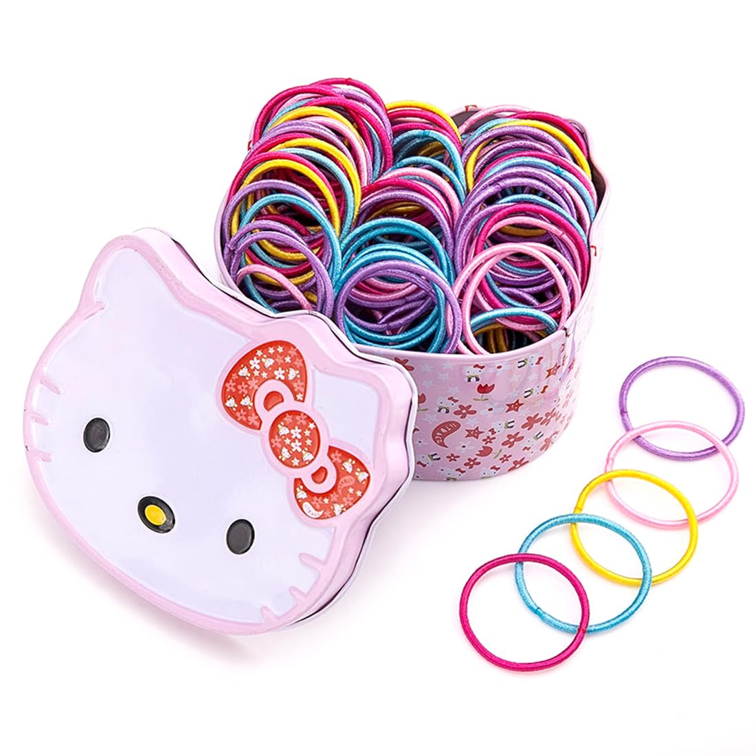 Melbees by Yellow Chimes Hair Rubber Bands for Girls Kids Set of 100 Pcs Rubberbands Multicolor Soft & Stretchy Small Ponytail Holders with Kitty Tin Storage Box for Girls Kids Teens Toddlers