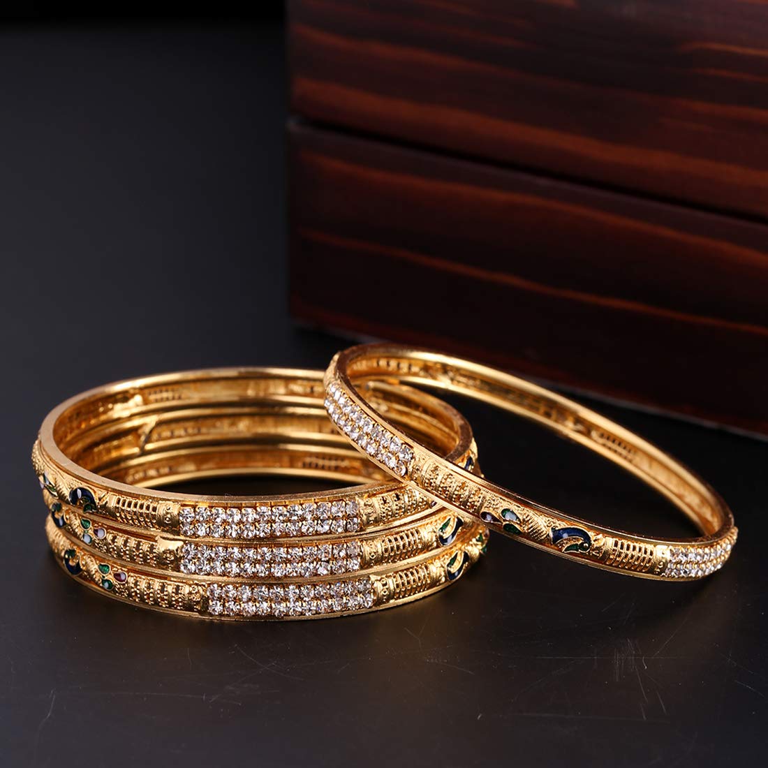 Yellow Chimes Ethnic Gold Plated Peacock Designer Crystal Studded Traditional 4 Pcs Bangles Set for Women and Girls (2.4)