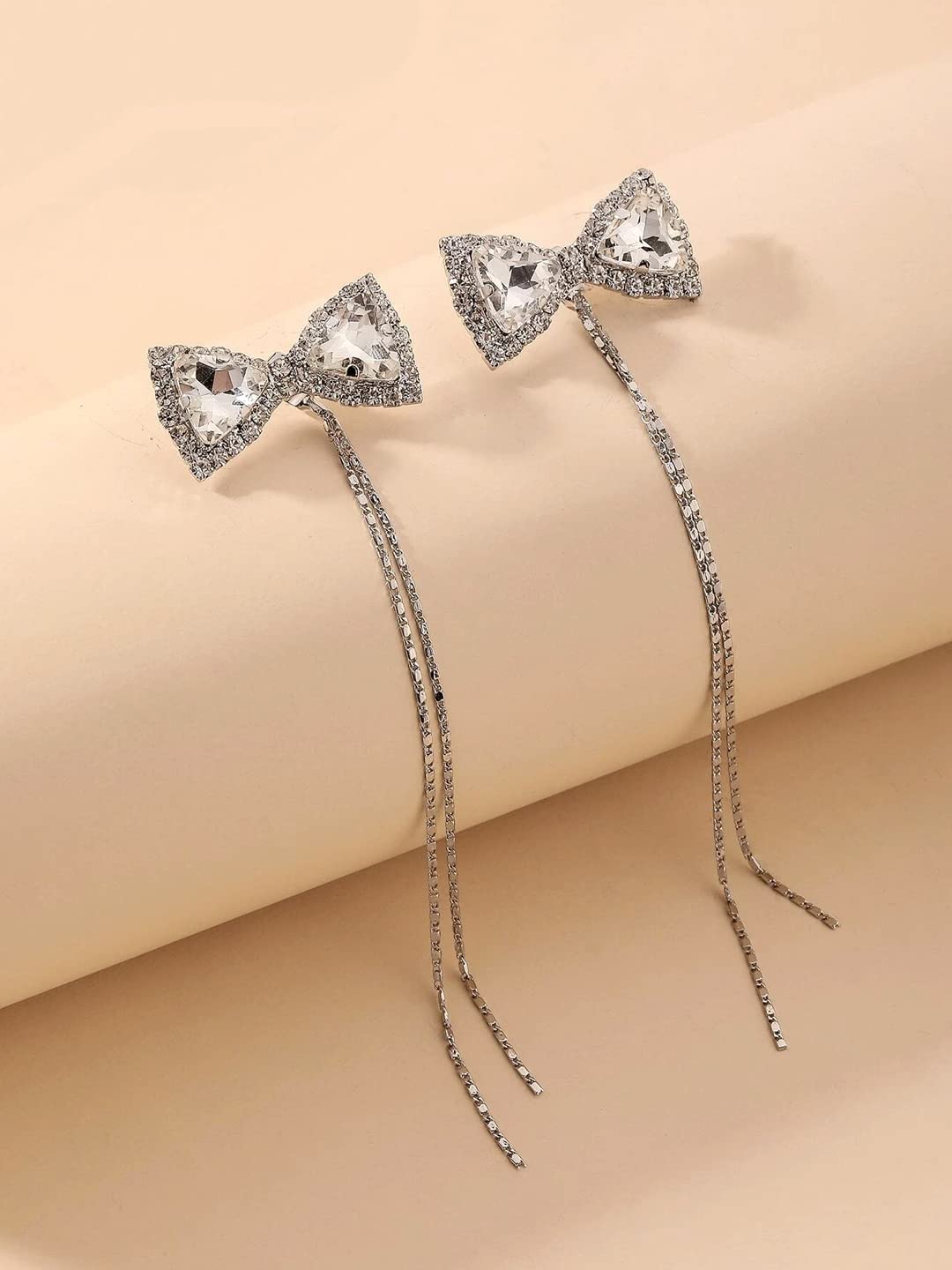 Yellow Chimes Earrings For Women Silver Tone Crystal Studded Bow With Linear Chain Tassel Dangler Earrings For Women and Girls