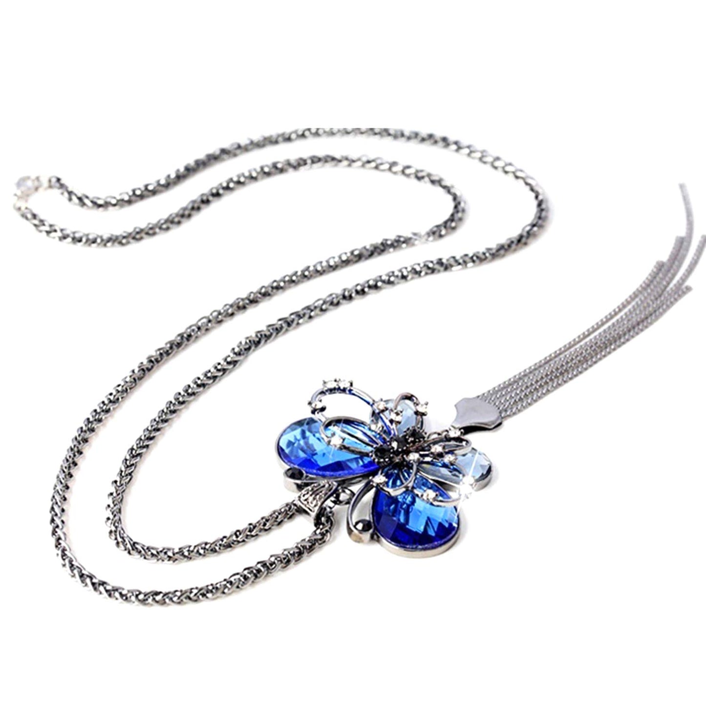 Yellow Chimes Long Chain Necklace for Women Butterfly Pendant Adorable Blue Crystal Chain Pendant Necklace for Women and Girls