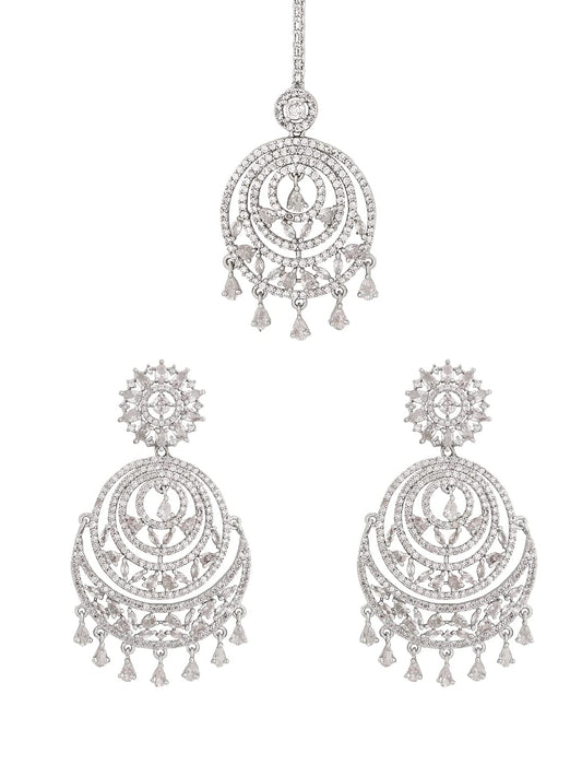 Yellow Chimes Earrings For Women silver toned AD/American Diamond Studded Earrings Set With Mangtikka For Women and Girls