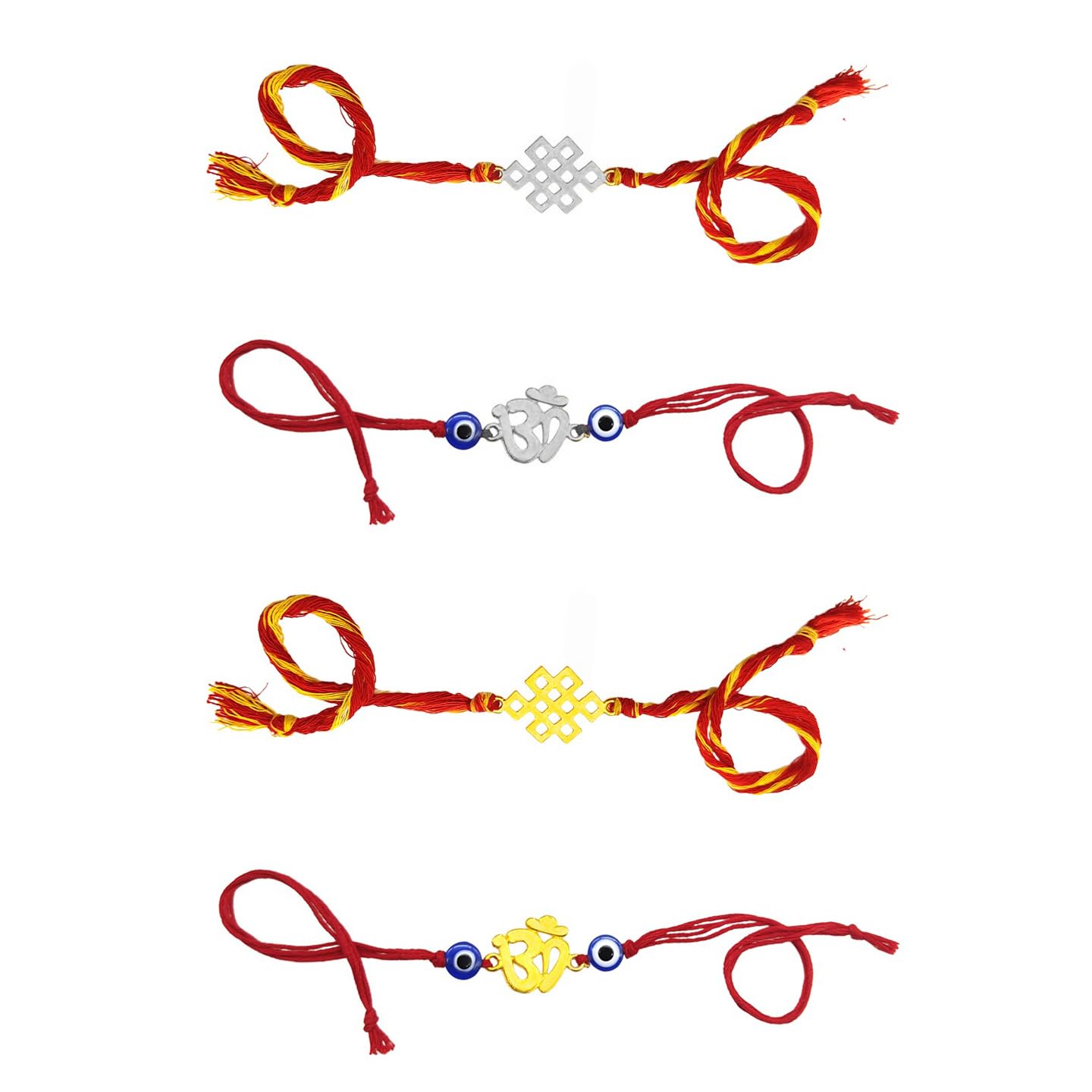 Yellow Chimes Rakhi for Brother | Combo of 4 Rakhi Set for Brother | Traditional Gold and Silver Plated Rakhi Set for Brother and Sister| Rakhi with Roli, Chawal and Greeting Card