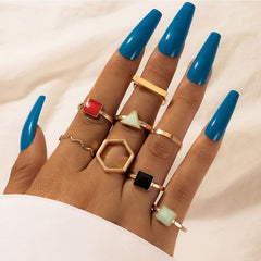 Yellow Chimes Rings for Women 8 Pcs Ring Set Gold Plated Stone Studded Geometric Multicolor Midi Finger Knuckle Rings for Women and Girls.