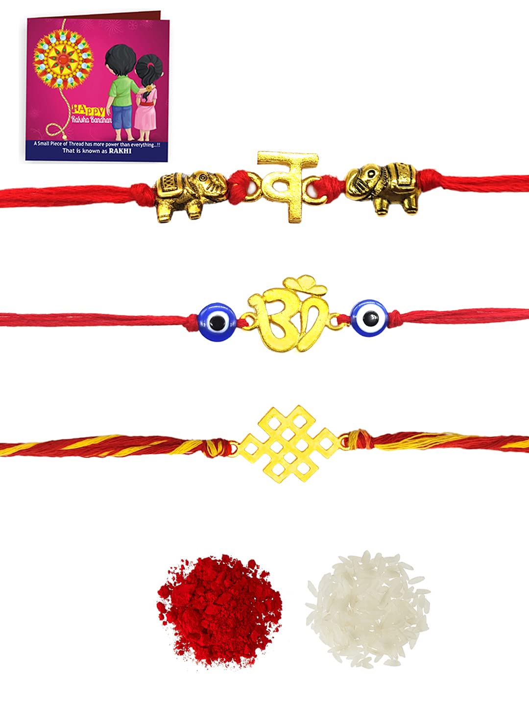 Yellow Chimes Combo of 3 Pcs Handmade Dori Worked Gold Toned OM Initial Letter V and Celtic Design Evil Eye Beads Rakhi for Brother with Roli & Chawal