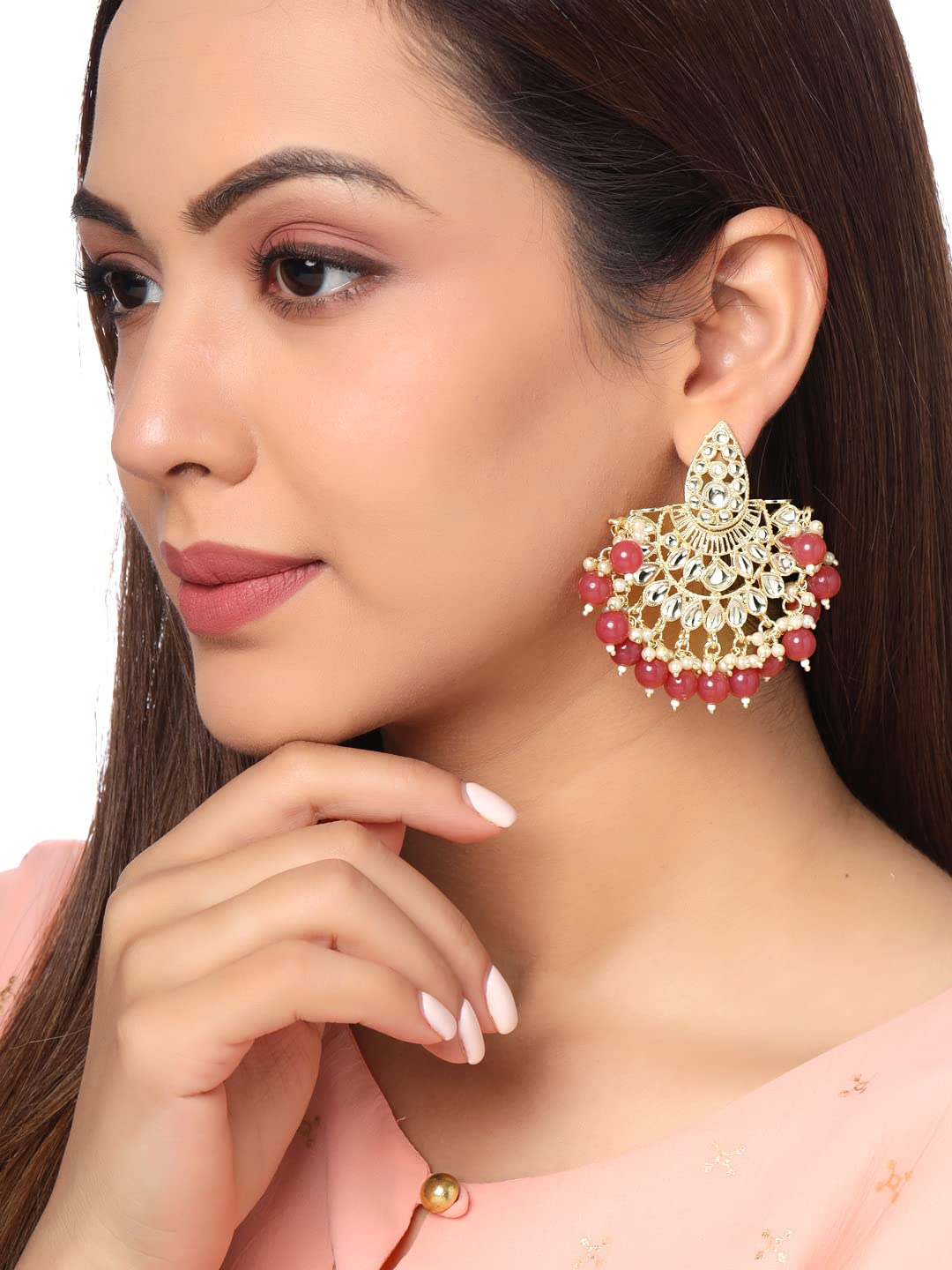 Yellow Chimes Earrings for Women Gold Toned Kundan Studded Red Pearl Drop Chandbali Earrings for Women and Girls