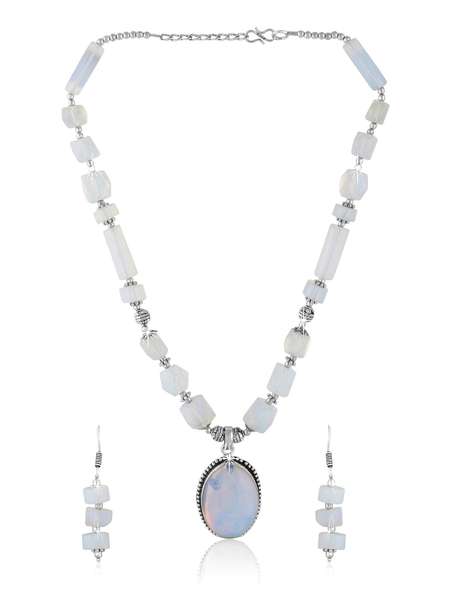 Yellow Chimes German Oxidized Silver Ethnic Moonstone Quartz Beads Beautiful Handmade Designer Necklace Set with Earrings Jewellery Set for Women and Girls (White)