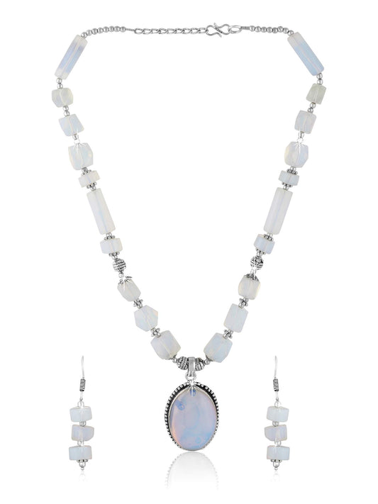 Yellow Chimes German Oxidized Silver Ethnic Moonstone Quartz Beads Beautiful Handmade Designer Necklace Set with Earrings Jewellery Set for Women and Girls (White)