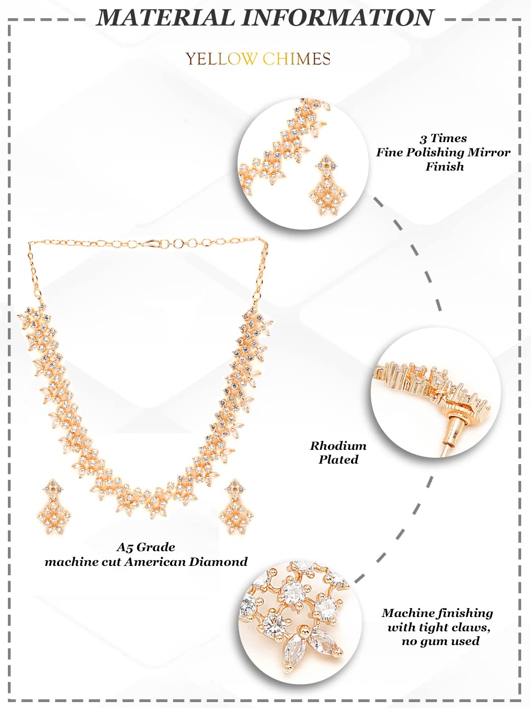 Yellow Chimes American Diamond Jewellery Set for Women Rosegold Plated High Grade Authentic White AD Jewellery Necklace Set for Women and Girls