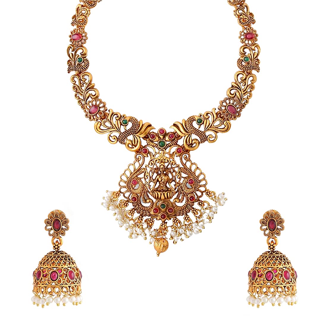 Yellow Chimes Necklace Set for Women And Girls Traditional Jewellery Set for Women Gold-Plated Temple Necklace Set Stone-Studded Necklace Set For Women & Girls