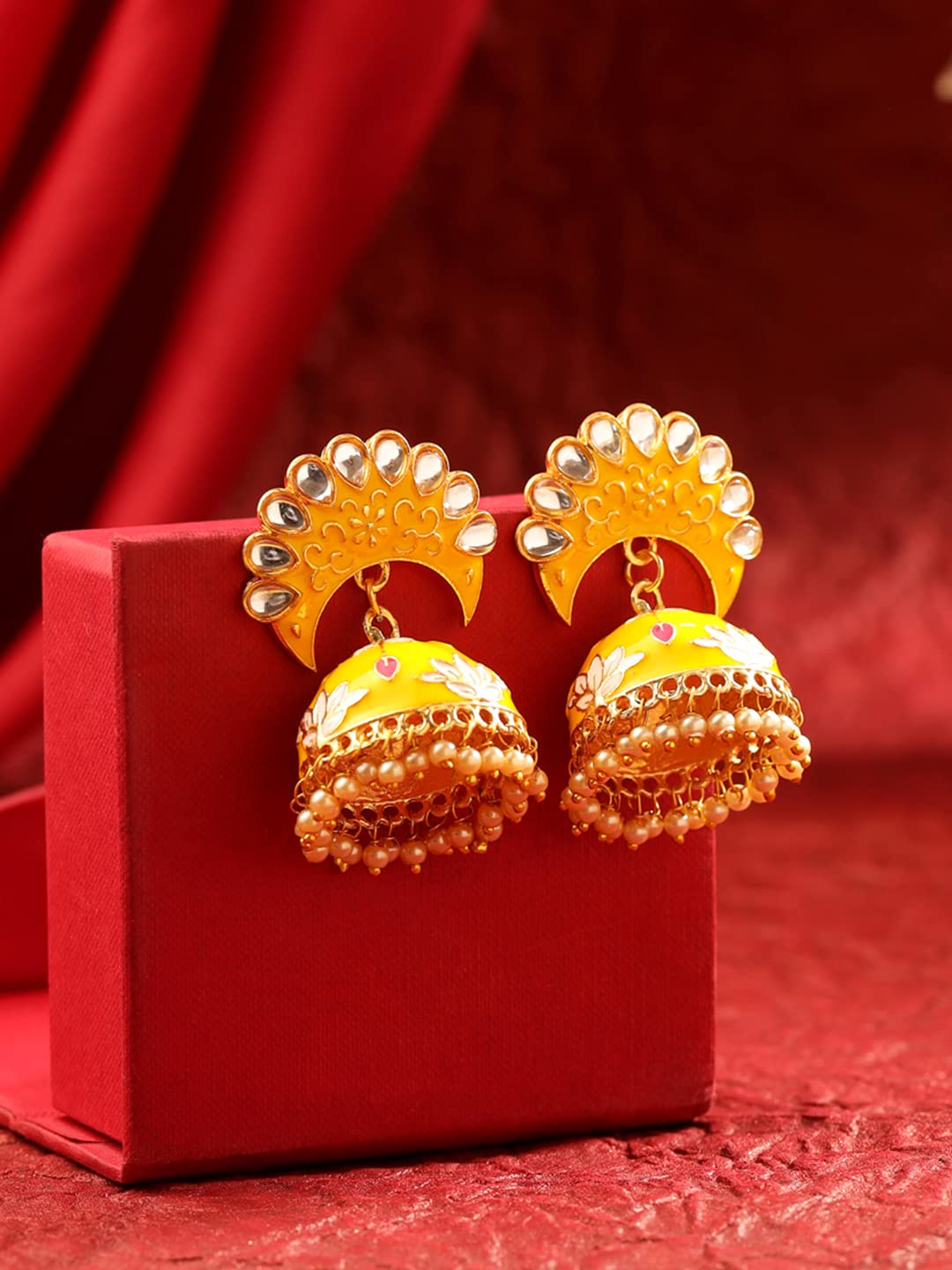 Yellow Chimes Earrings For Women Bright Yellow Color Pearl and Stone Studded Meenakari Jhumka Earrings For Women and Girls