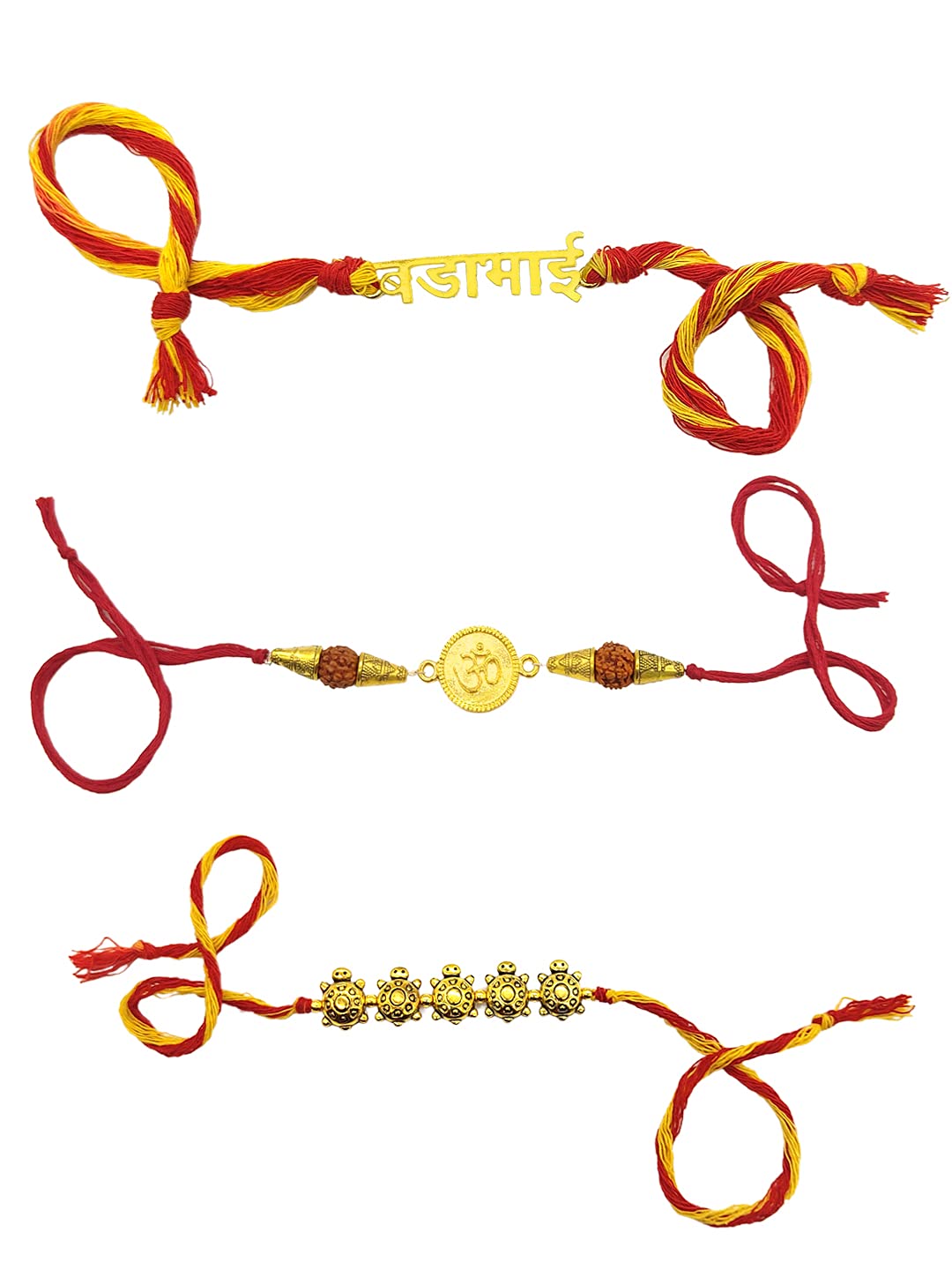 Yellow Chimes Handmade Dori Worked Gold Toned OM Tortoise Design Bada Bhai Engraved Rakhi Bracelet for Brother with Roli & Chawal, Red, Gold, Medium (YCTJRK-13BHAY-GL) Combo of 3 Pieces for Men/Boy