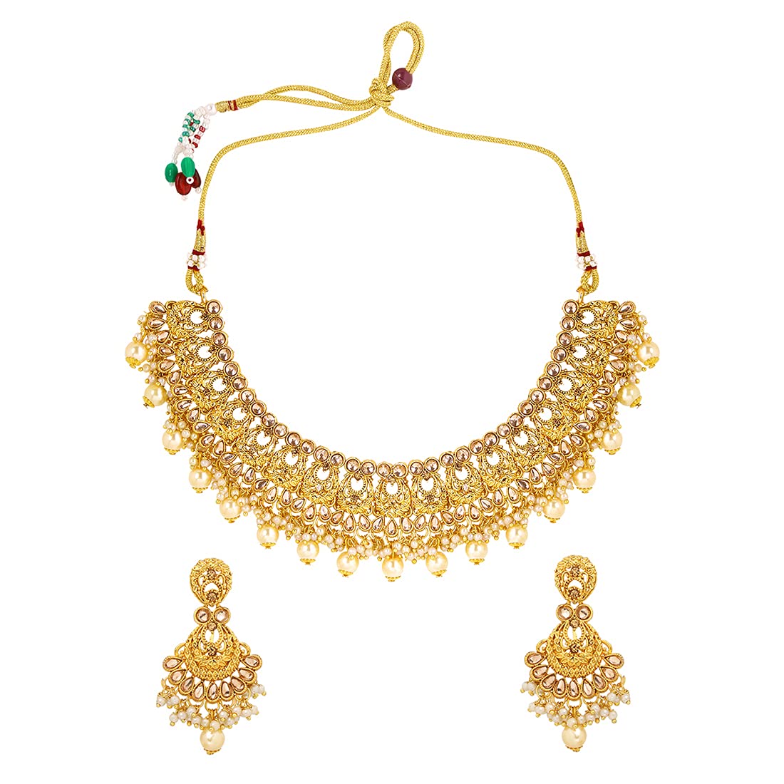 Yellow Chimes Ethnic Gold Plated Studded Kundan Beads Jewellery Set Traditional Choker Necklace Set with Earrings and maang Tikka for Women and Girls, Medium, YCTJNS-16DESGCK-GL