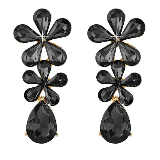 Yellow Chimes Elegant Sparkling Crystal Classic Dual Floral Design Dangle Earrings For Women And Girls (Black)