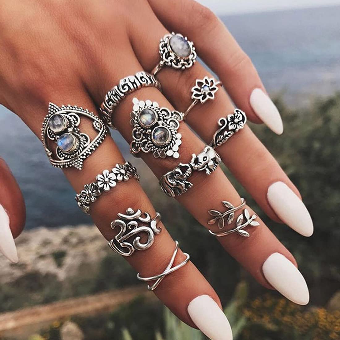 Yellow Chimes 11 Pieces Combo Studded Stone Design Vintage Style Midi Finger Silver Oxidised Knuckle Rings Set for Women and Girls (Model: YCFJRG-87STOXDN-C-SL)
