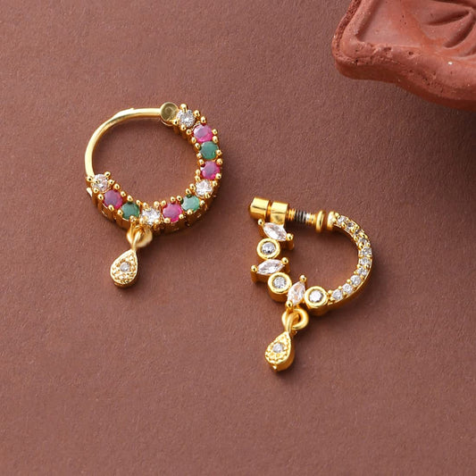 Yellow Chimes Nose Rings for Women Set of 2 Pcs Nose Pins Traditional Gold-Plated White & Pink American Diamond Nose Pins for Women and Girls.