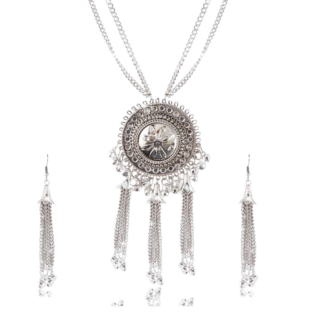 Yellow Chimes Stylish Crafted Lotus Theme Silver Necklace Set with Earrings Oxidized Jewellery Sets for Women and Girls
