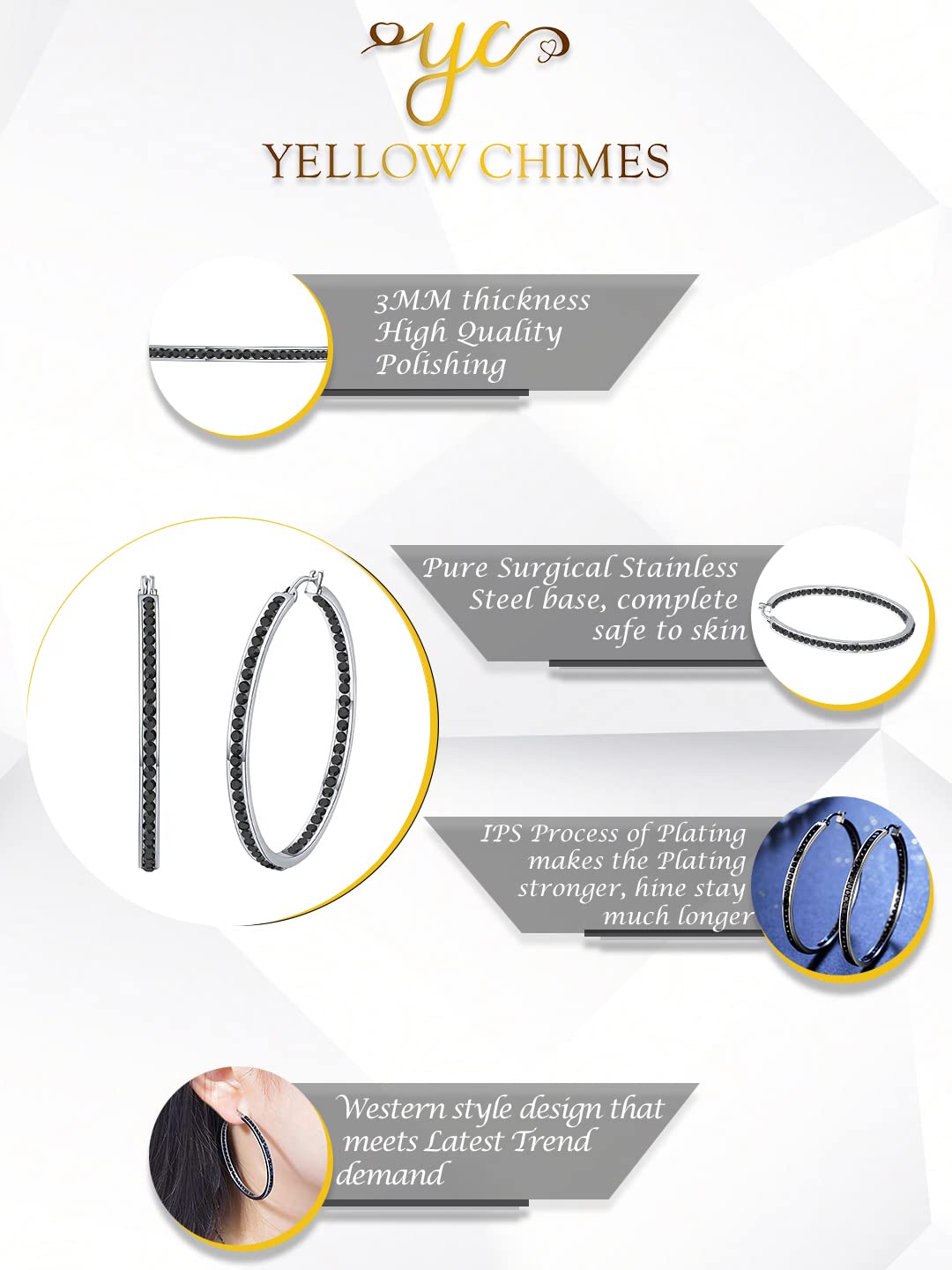 Yellow Chimes Hoop Earrings for Women Black Crystal Studded Silver Plated Hoop Earrings For Women and Girls