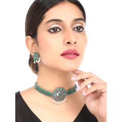 Yellow Chimes Ethnic German Silver Oxidised Green studded stones Peacock Design Choker Necklace Set with Earrings Traditional Jewellery Set for Women and Girls, Medium (YCTJNS-55PCKSTN-GR)