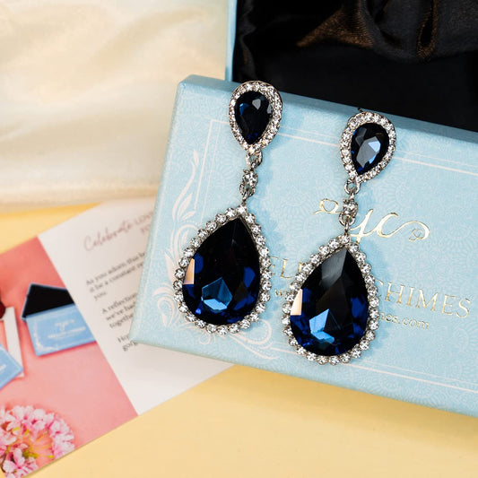 Yellow Chimes Earrings for Women and Girls | Blue Stone Crystal | Silver Tone Drops | Oval Shaped | Birthday Gift for Girls and Women Anniversary Gift for Wife