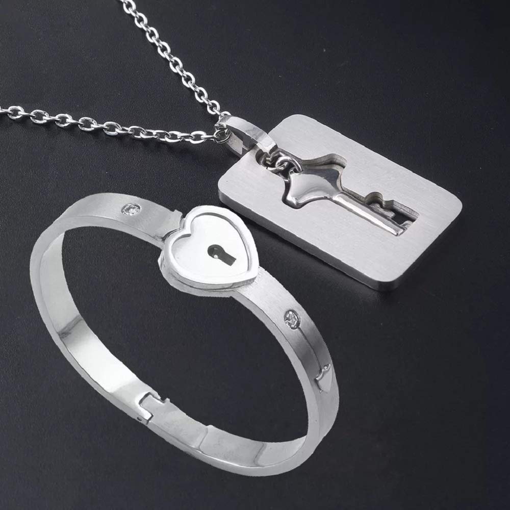 Yellow Chimes Couple Bracelet Set for Women Engraved Lock and Key Stainless Steel Couple Bracelet Pendant Necklace Set for Men and Women