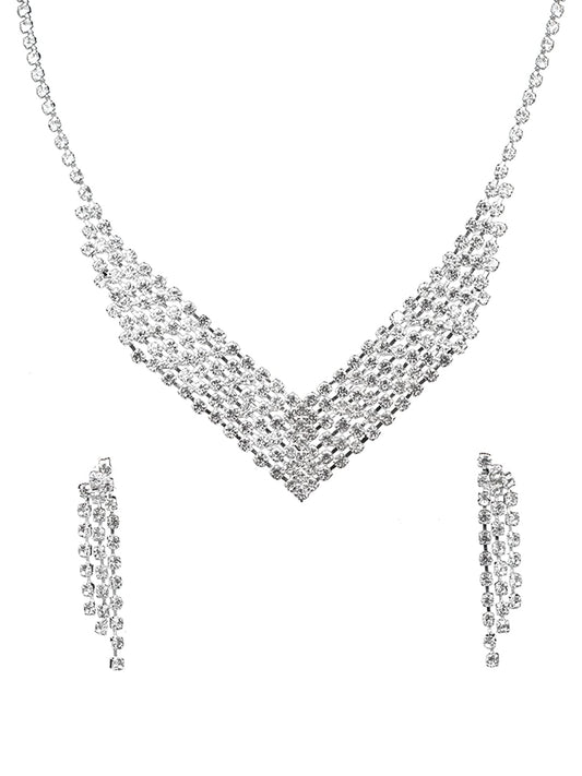 Yellow Chimes Jewellery Set For Women with Studded Classic Design Silver Plated White crystal Necklace Set (Design-1)