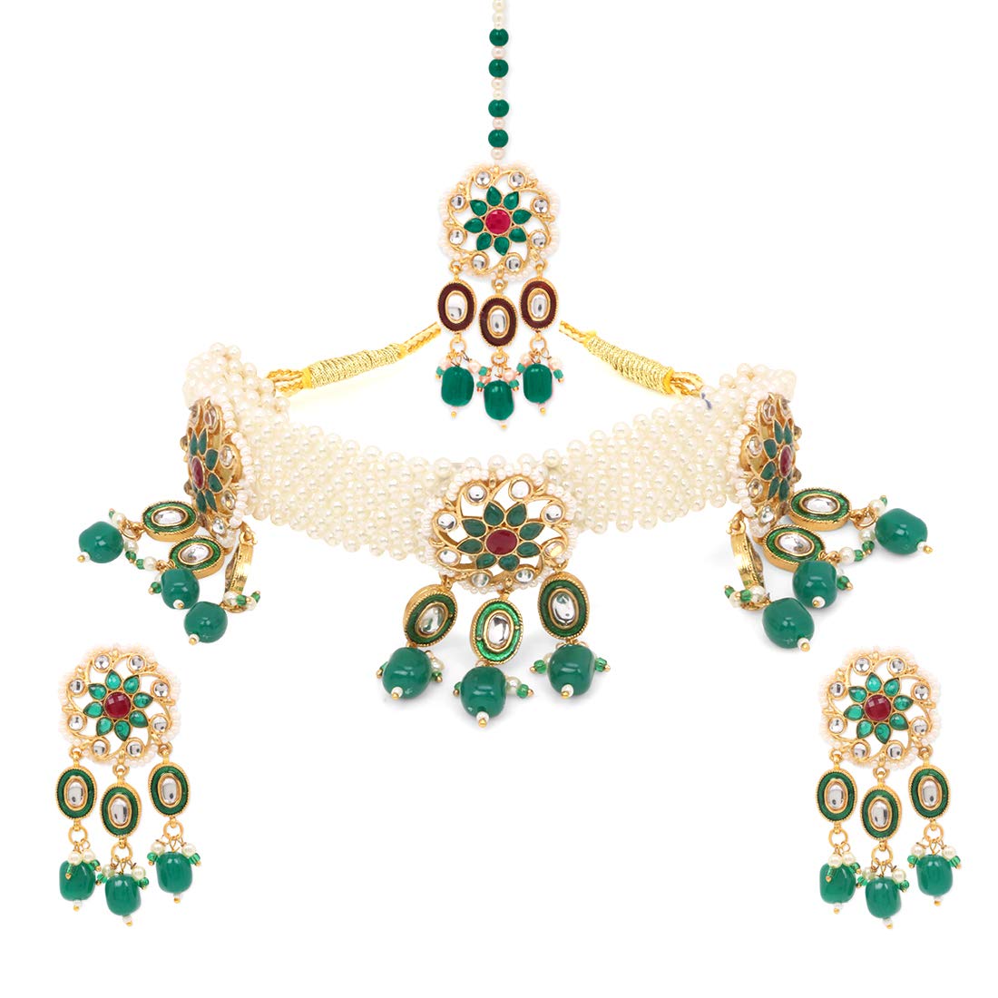 Yellow Chimes Ethnic Handcrafted Moti Green Jewellery Set Gold Plated Traditional Floral Choker Necklace Set With Maang Tikka for women & Girls (Green)