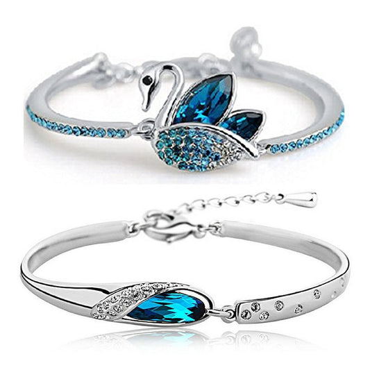 Yellow Chimes Crystal Bracelet for Women Silver Plated Swan Love and Blue Stony Blue Crystal Combo Kadaa Bracelet for Girls & Women.