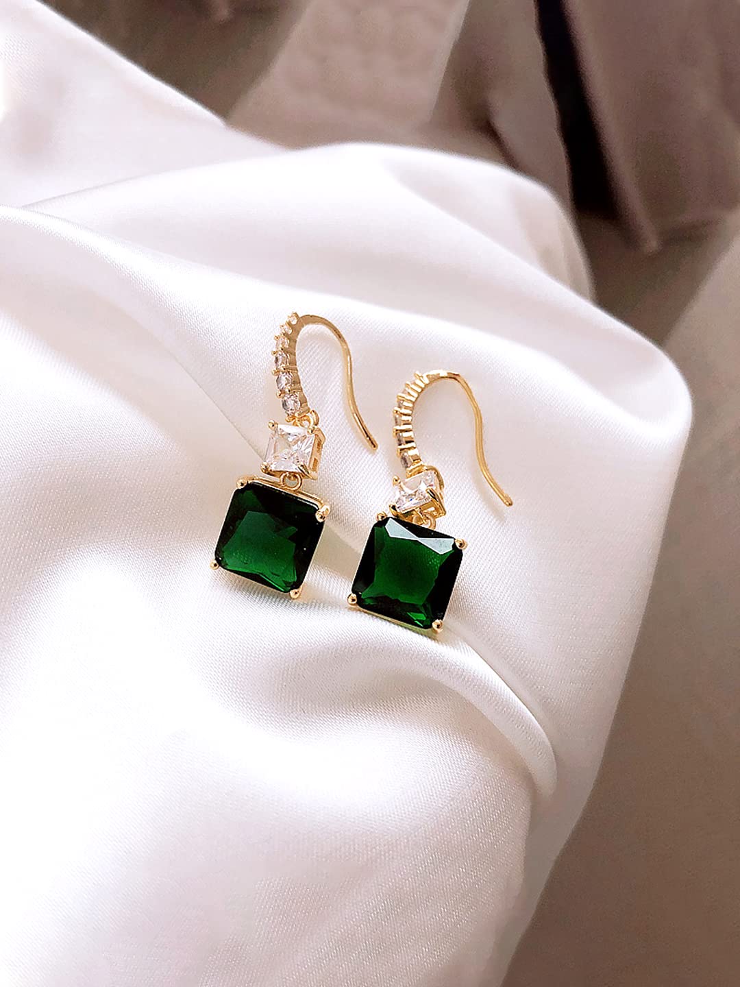 Yellow Chimes Earrings For Women Green Color Crystal Studded Huggie Hoop With Rectangular Drop Earrings For Women and Girls