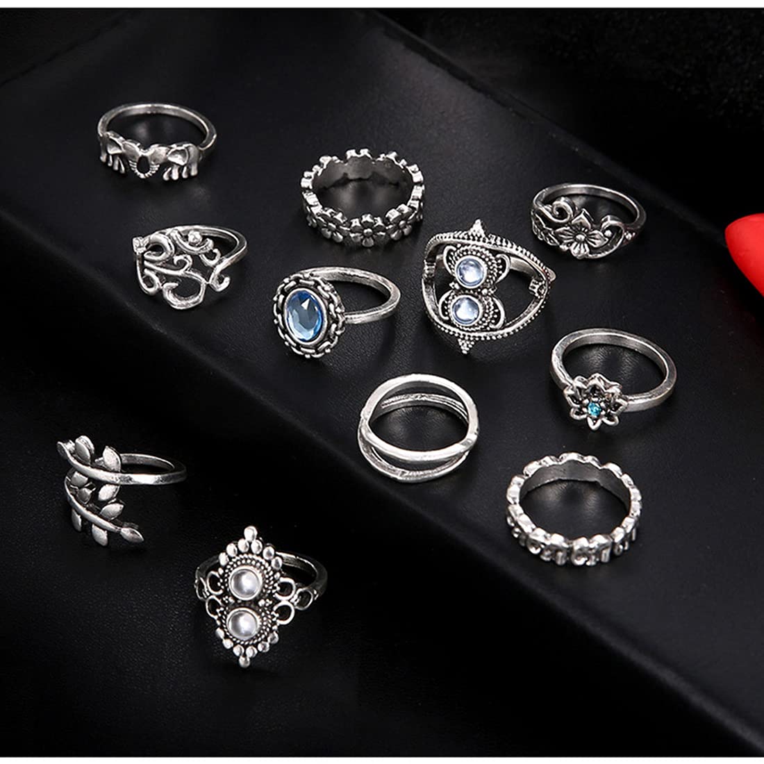 Yellow Chimes 11 Pieces Combo Studded Stone Design Vintage Style Midi Finger Silver Oxidised Knuckle Rings Set for Women and Girls (Model: YCFJRG-87STOXDN-C-SL)