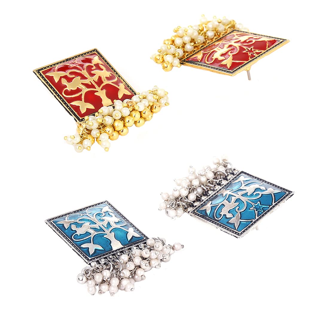 Yellow Chimes Stud Earrings for Women Combo of 2 Pairs Red and Blue Meenakari Moti Design Traditional Stud Earrings for Women and Girls