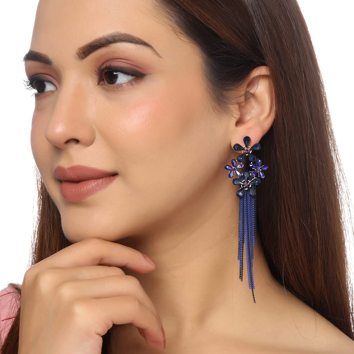 Yellow Chimes Crystal Danglers Earrings for Women Floral Shaped Crystal Blue Long Chain Dangler Earrings for Women and Girls