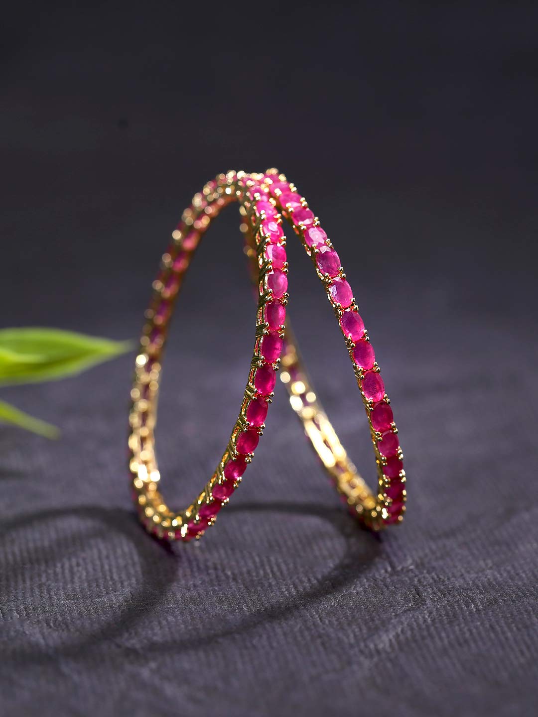 Yellow Chimes Classic Pink AD/American Diamond Studded 18k Gold Plated Designer Oval 2 PCs Handcrafted Bangles Set for Women & Girls (2.4)