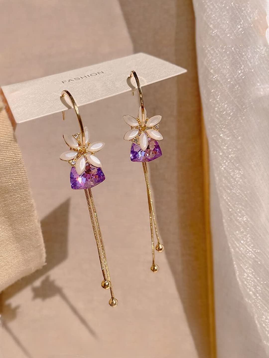 Yellow Chimes Earrings For Women Gold Tone Flower Designed Purple Crystal Long Chain Tassel Drop Dangler Earrings For Women and Girls