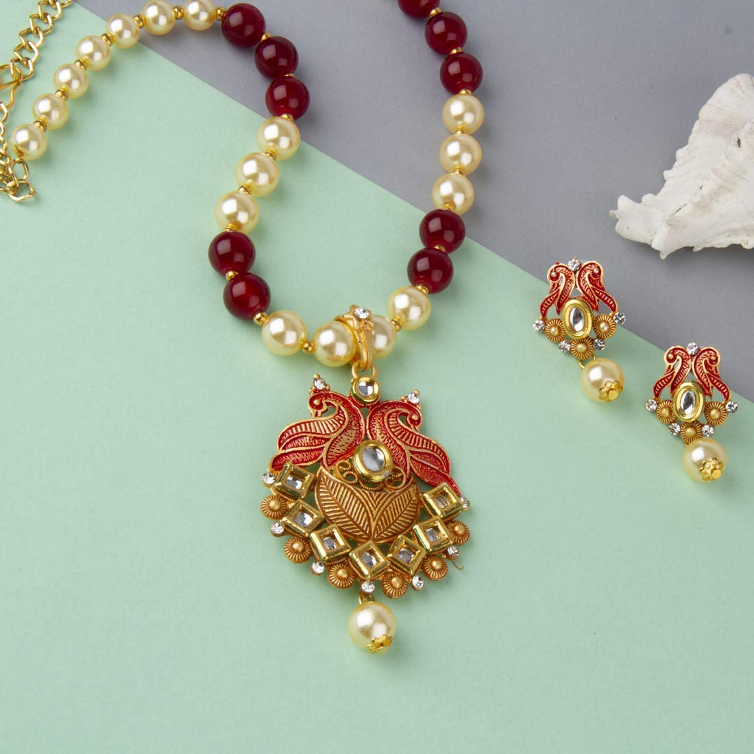 Yellow Chimes Exclusive Traditional Peacock Desaign Pearl Kundan Necklace with Drop Earrings for Women