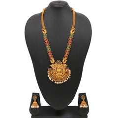 Yellow Chimes Women's Temple Traditional Gold Plated Long Haram Necklace Set Studded Stone Antique Jewellery Set