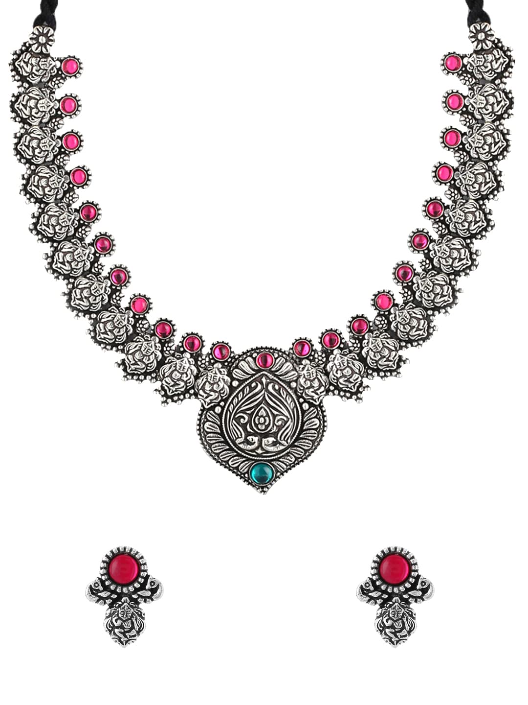 Yellow Chimes Oxidised Jewellery Set for Women Authentic Kolhapuri Work Handmade Silver Pink Kundan Choker Necklace Sets for Women and Girls.