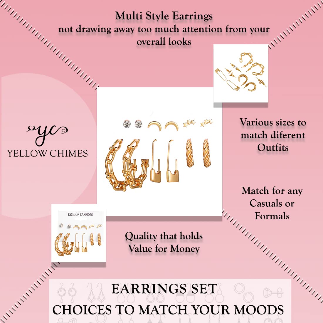 Yellow Chimes Earrings for Women and Girls Fashion Golden Hoops Set | Gold Plated Combo of 6 Pairs Stud Hoop Earring Set | Birthday Gift for girls and women Anniversary Gift for Wife