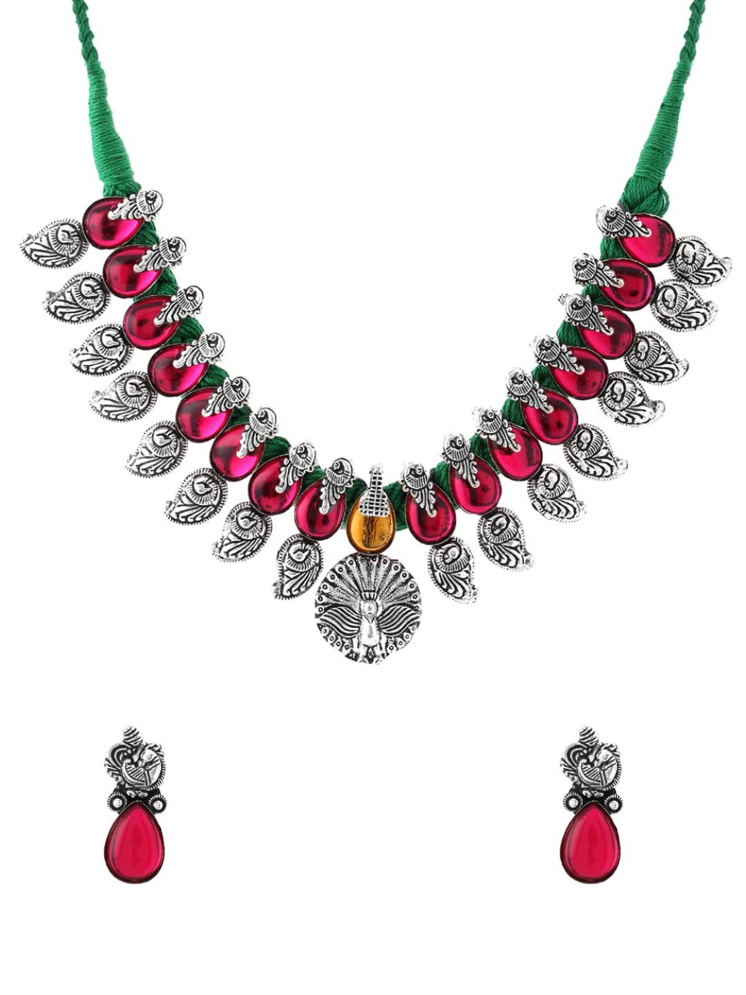 Yellow Chimes Oxidised Jewellery Set for Women Authentic Kolhapuri Work Handmade Silver Peacock Pink Kundan Choker Necklace Sets for Women and Girls.