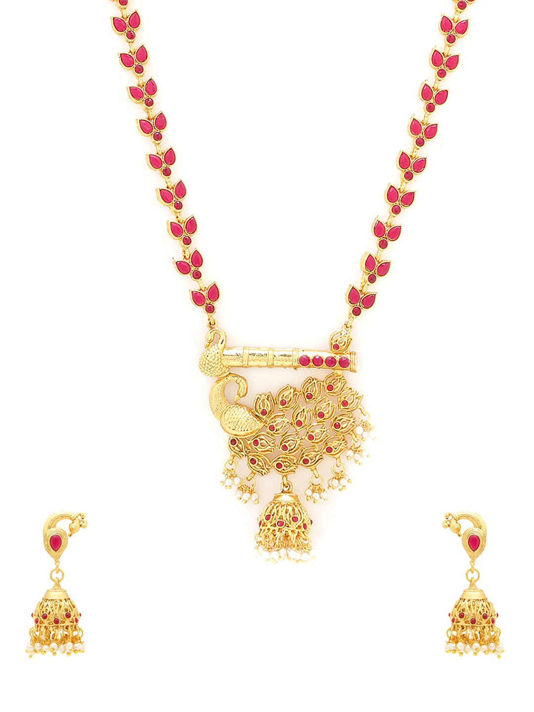 Yellow Chimes Traditional Jewellery Set for Women Gold Plated Ethnic Necklace Set Pink Stone Long Chain Necklace Set for Women and Girls.